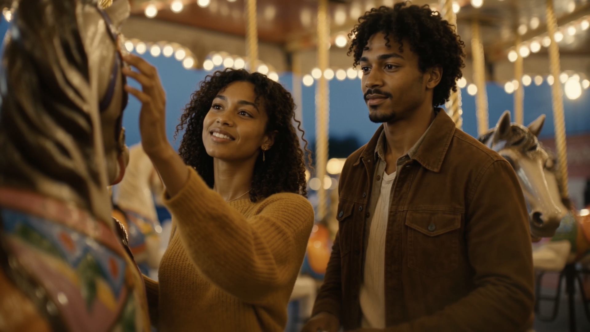 Ruby and Curtis together beside a carousel horse beneath warm fairground lights